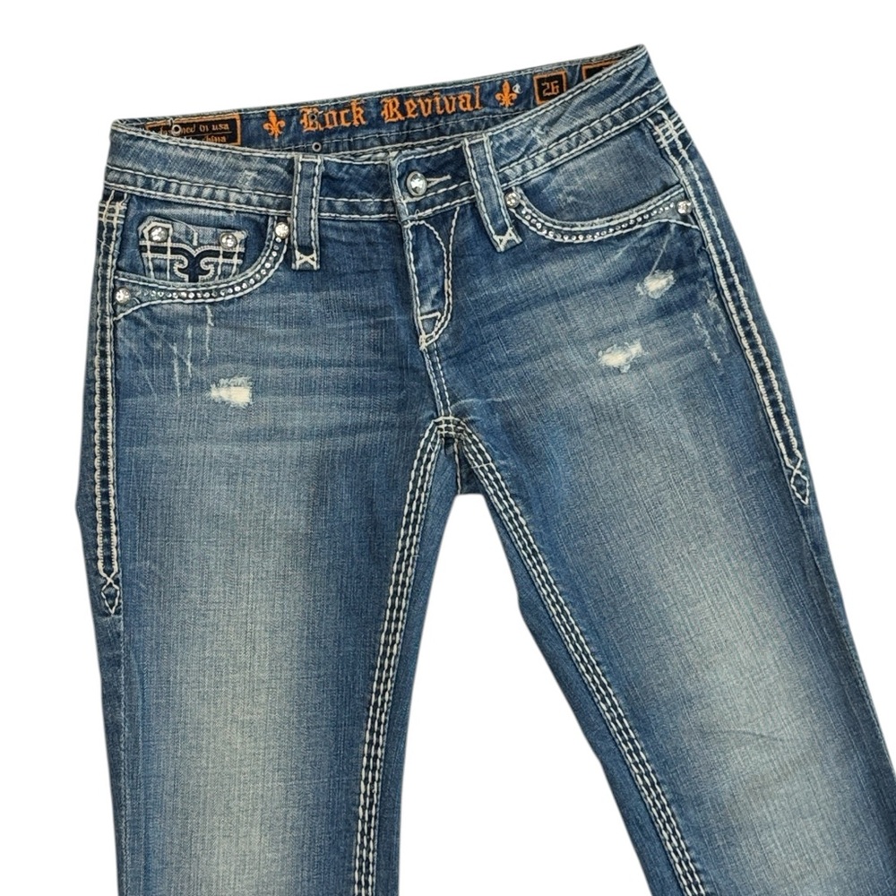 Rock Revival Kai Capri Distressed Low-Rise Rhinestone Embellished Denim Jeans 26 - Picture 10 of 16